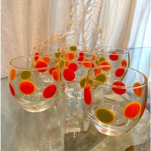 (6) RETRO-STYLE TUMBLER SHORT CURVY GLASSES GREEN ORANGE RED POLKA DOTS ARC 32CL